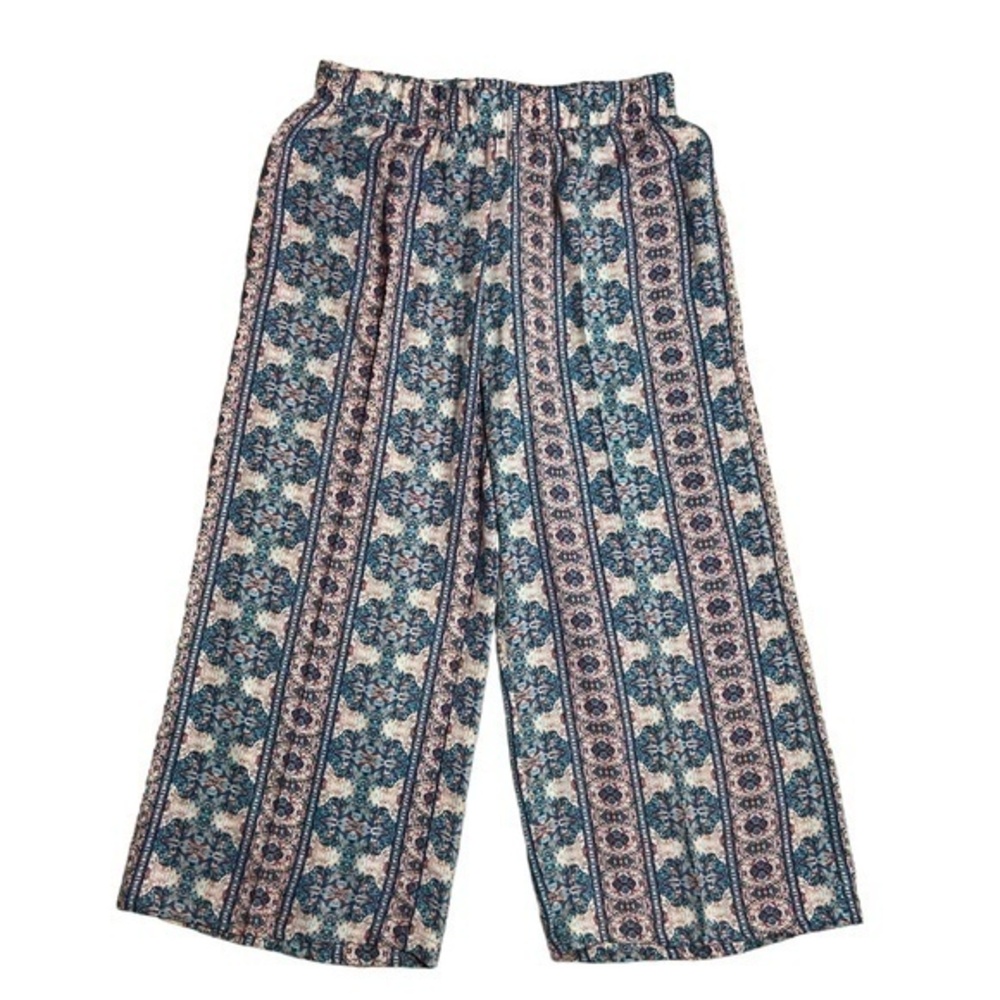 Pink Rose Capri Pants Vintage Boho Print Elastic Waist Wide Leg Size Small